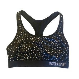 Victoria's Secret Black and Silver Star Racer Back Sports Bra Size Medium